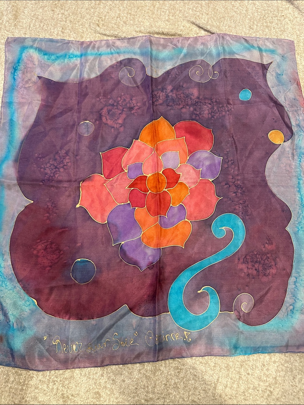 Luxury Floral Silk Scarf in Purple, Teal & Orange